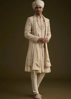 Beige Silk Sherwani Set With Zardosi Embroidery And Anarkali Kurta
