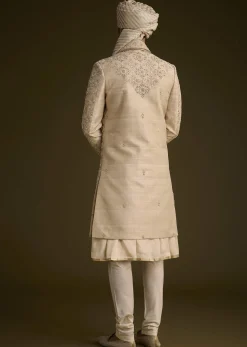 Beige Silk Sherwani Set With Zardosi Embroidery And Anarkali Kurta