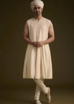 Beige Silk Sherwani Set With Zardosi Embroidery And Anarkali Kurta