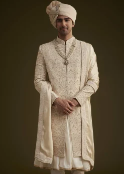 Beige Silk Sherwani Set With Dori Handwork
