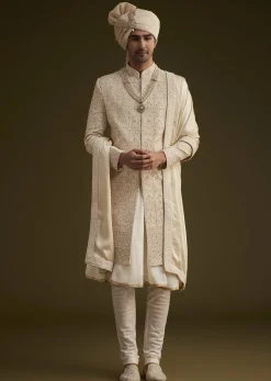 Beige Silk Sherwani Set With Dori Handwork
