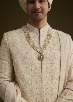 Beige Silk Sherwani Set With Dori Handwork