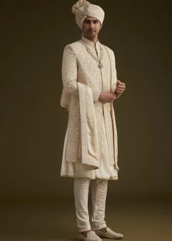 Beige Silk Sherwani Set With Dori Handwork