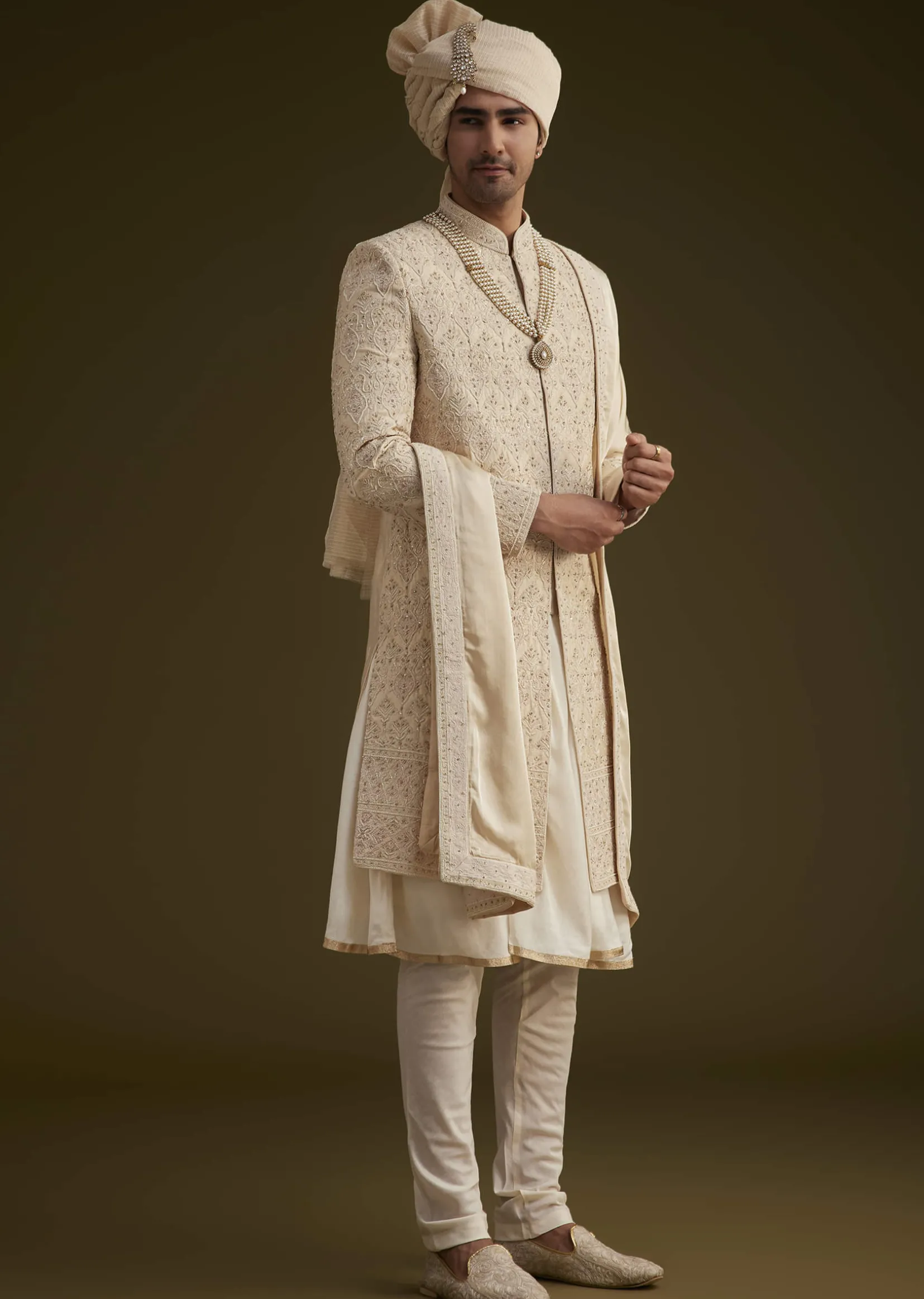 Beige Silk Sherwani Set With Dori Handwork