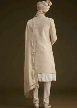 Beige Silk Sherwani Set With Dori Handwork