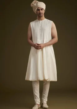 Beige Silk Sherwani Set With Dori Handwork