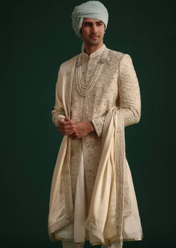 Beige Silk Sherwani Set With Zardozi Work