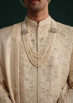 Beige Silk Sherwani Set With Zardozi Work