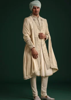 Beige Silk Sherwani Set With Zardozi Work