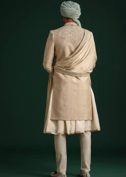 Beige Silk Sherwani Set With Zardozi Work