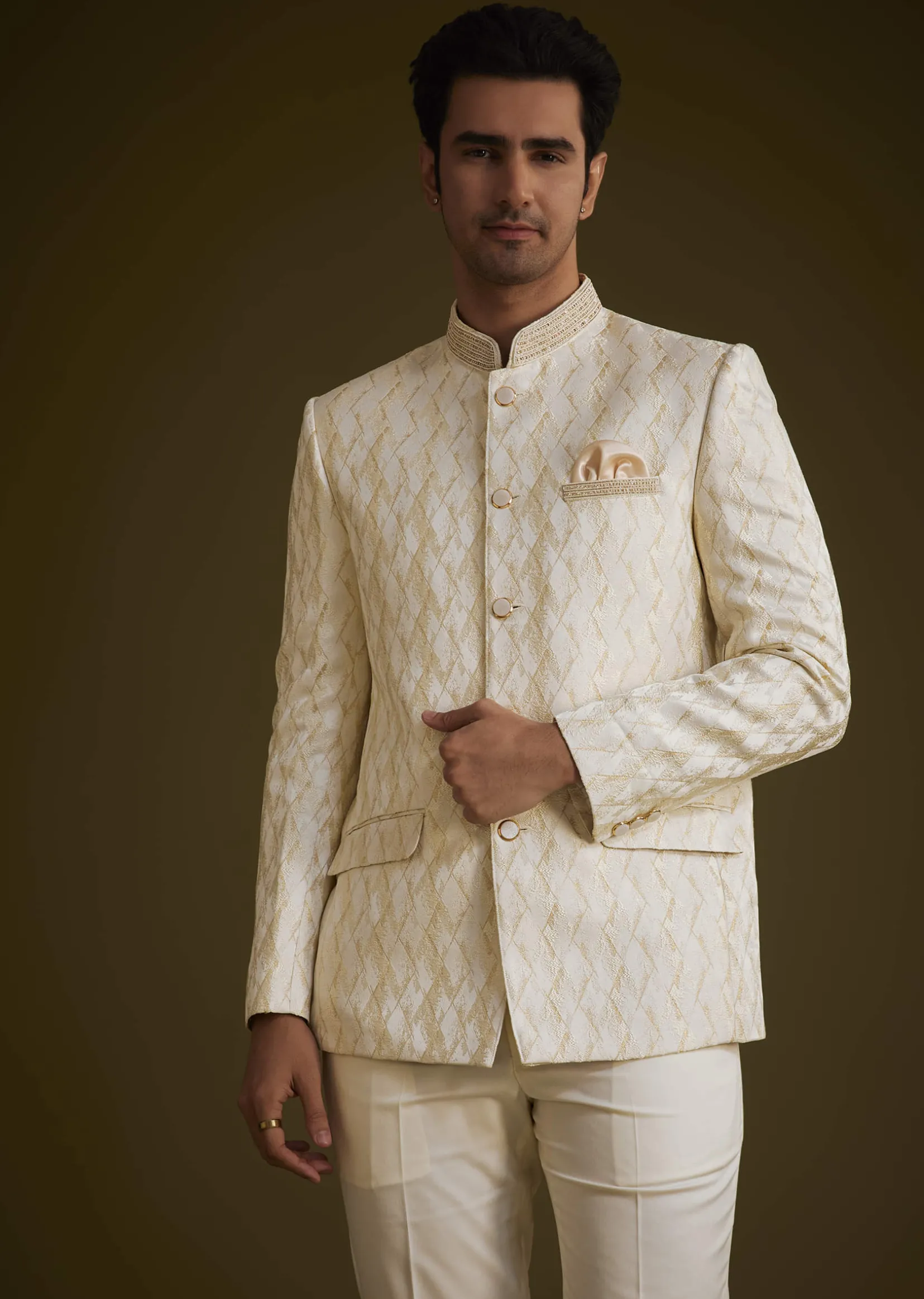 Beige Silk Textured Jodhpuri Suit With Cut Dana Accents