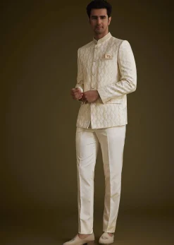Beige Silk Textured Jodhpuri Suit With Cut Dana Accents