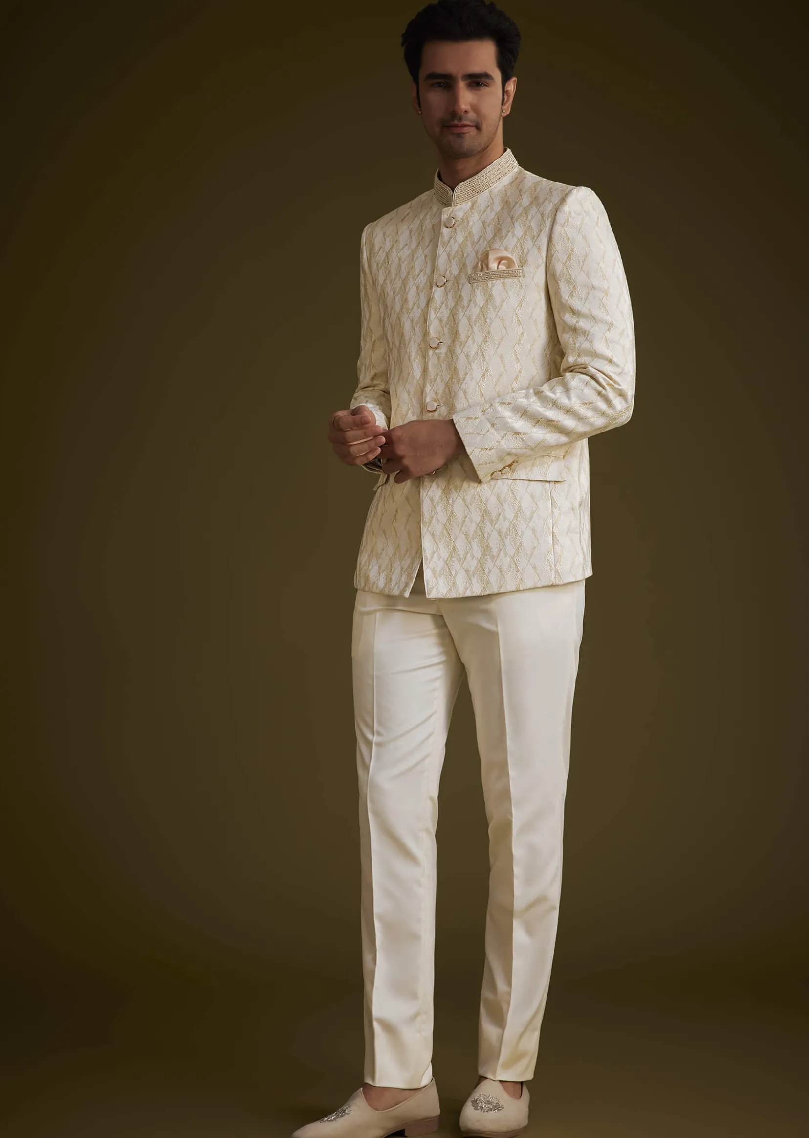 Beige Silk Textured Jodhpuri Suit With Cut Dana Accents