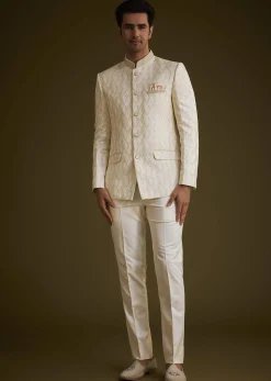 Beige Silk Textured Jodhpuri Suit With Cut Dana Accents