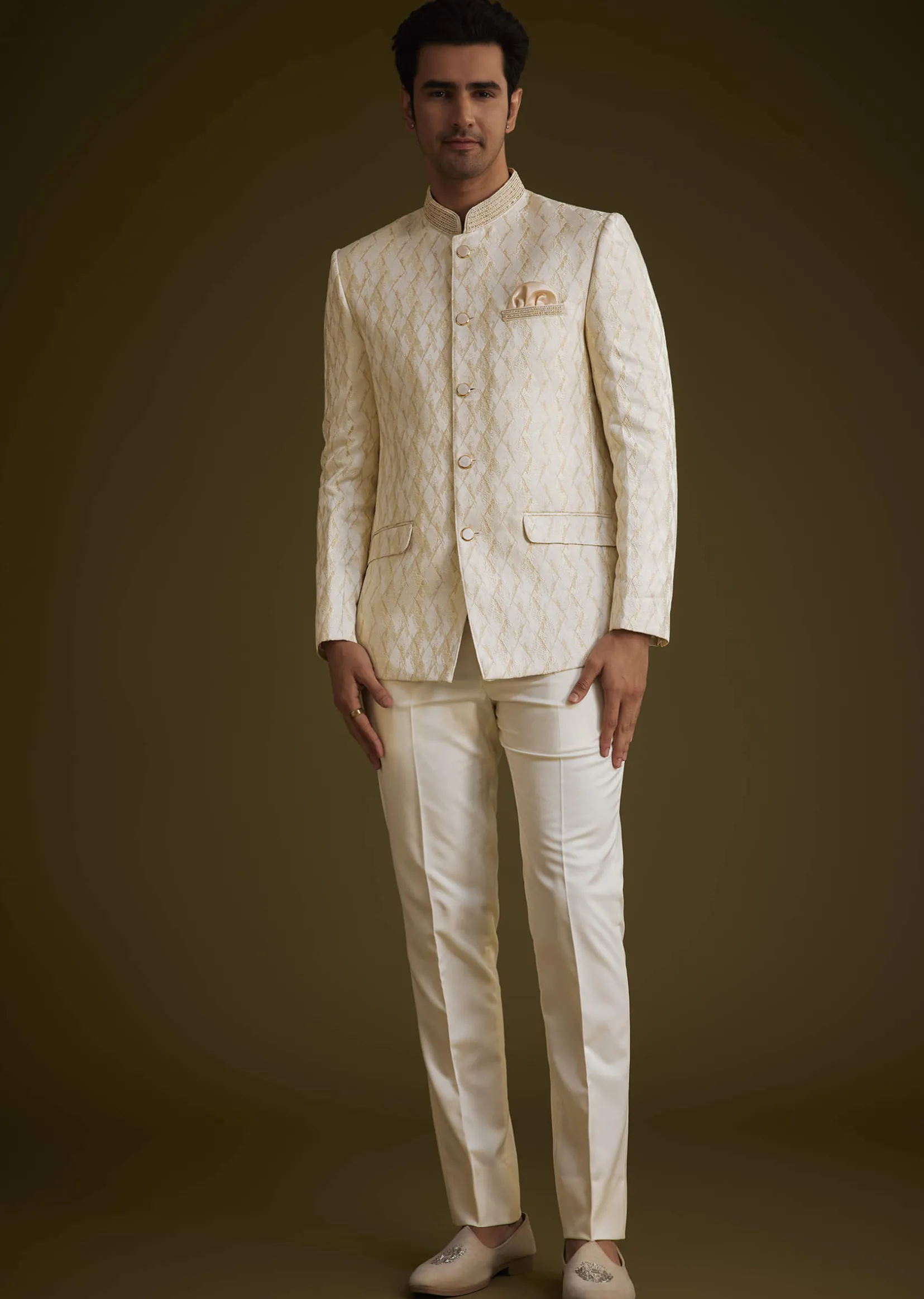 Beige Silk Textured Jodhpuri Suit With Cut Dana Accents