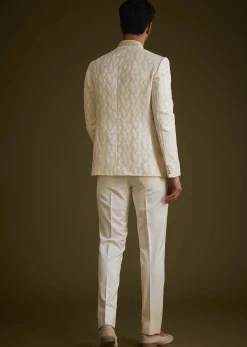 Beige Silk Textured Jodhpuri Suit With Cut Dana Accents