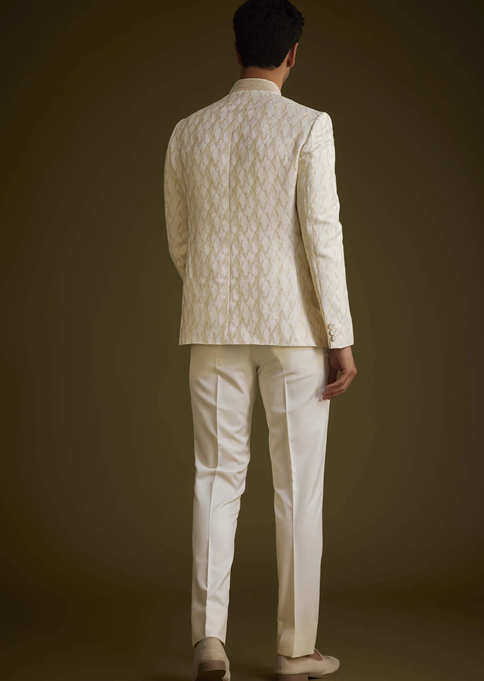 Beige Silk Textured Jodhpuri Suit With Cut Dana Accents