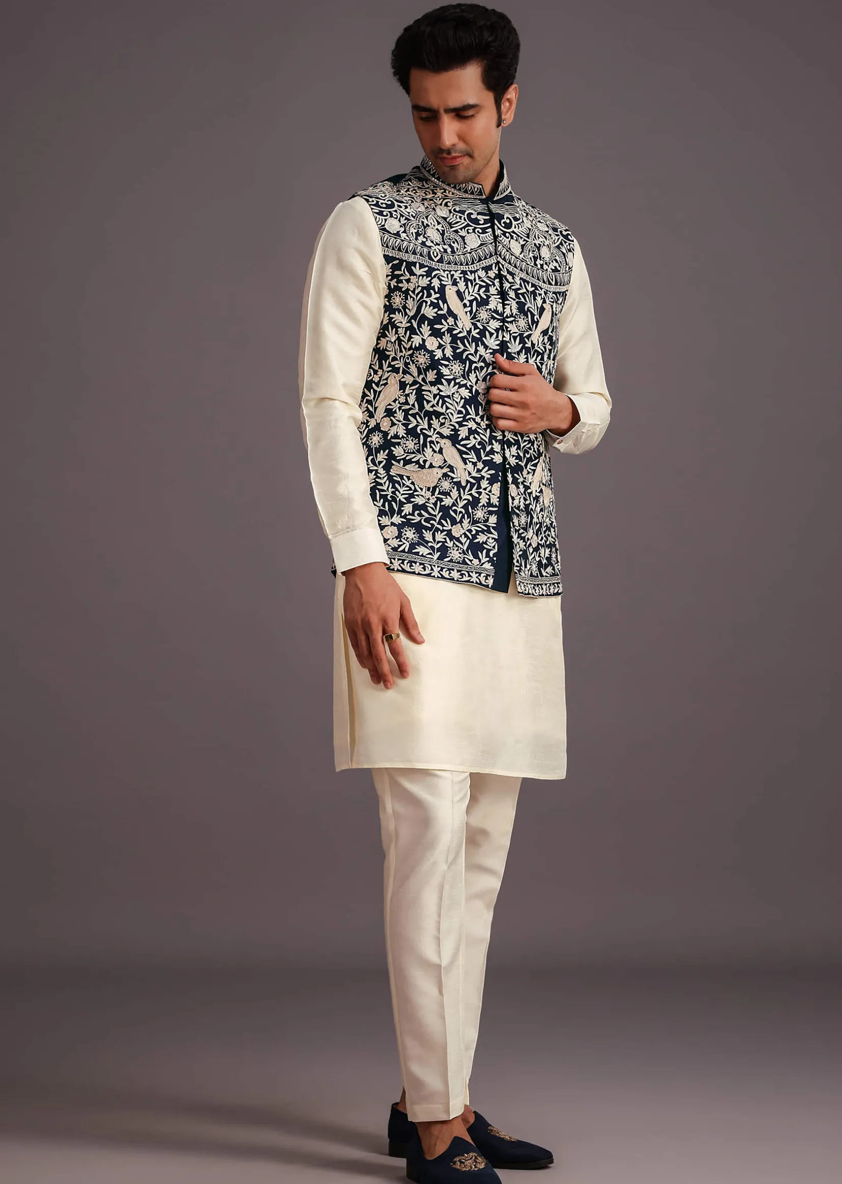 Beige Silk Threadwork Jacket Kurta Set For Men