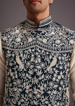 Beige Silk Threadwork Jacket Kurta Set For Men