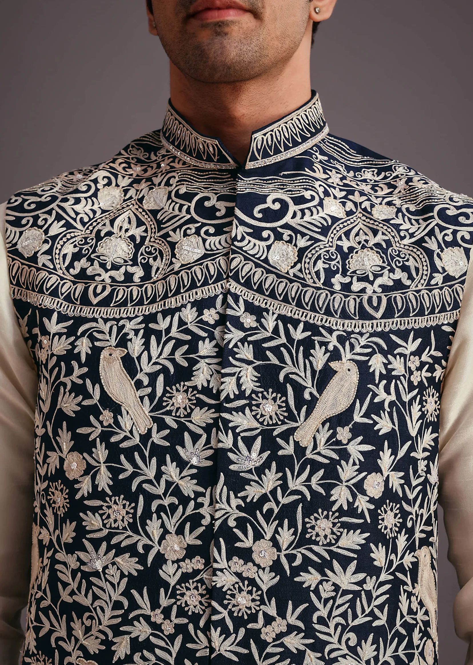 Beige Silk Threadwork Jacket Kurta Set For Men
