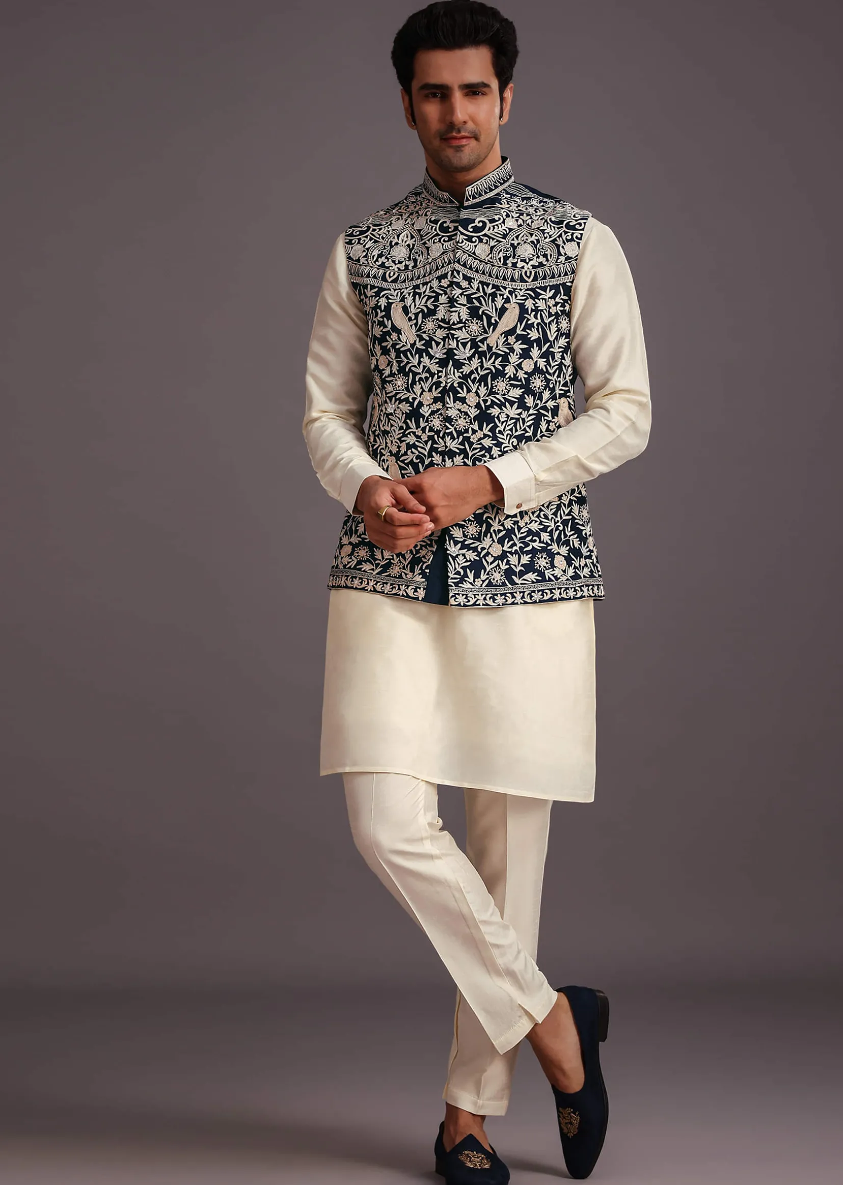 Beige Silk Threadwork Jacket Kurta Set For Men