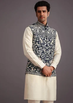 Beige Silk Threadwork Jacket Kurta Set For Men