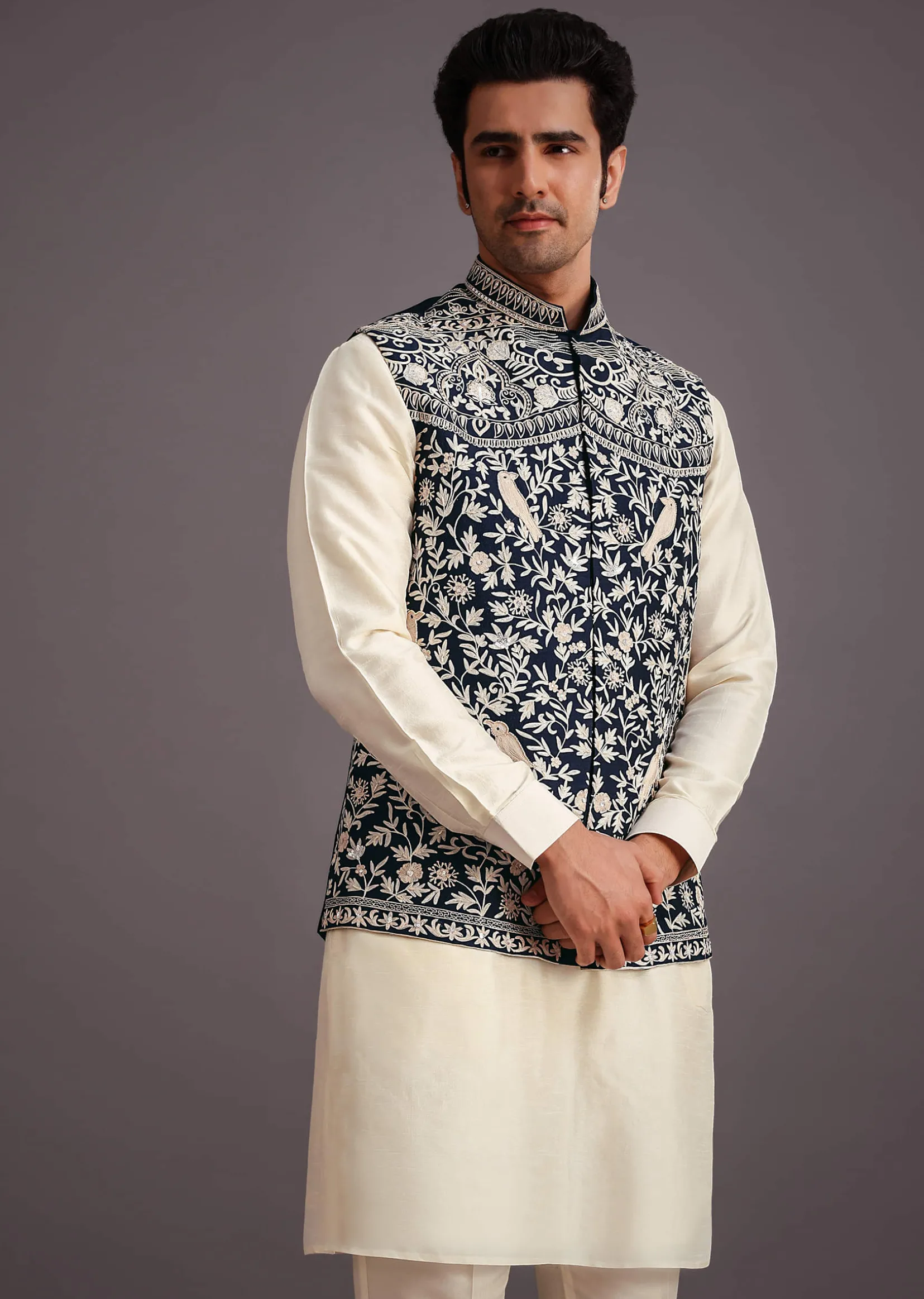 Beige Silk Threadwork Jacket Kurta Set For Men