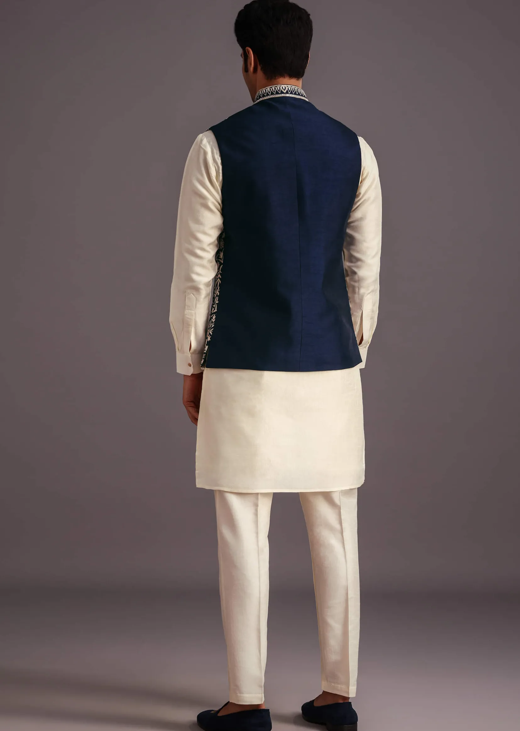 Beige Silk Threadwork Jacket Kurta Set For Men