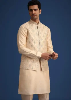 Beige Silk Zardozi Work Jacket And Kurta Set