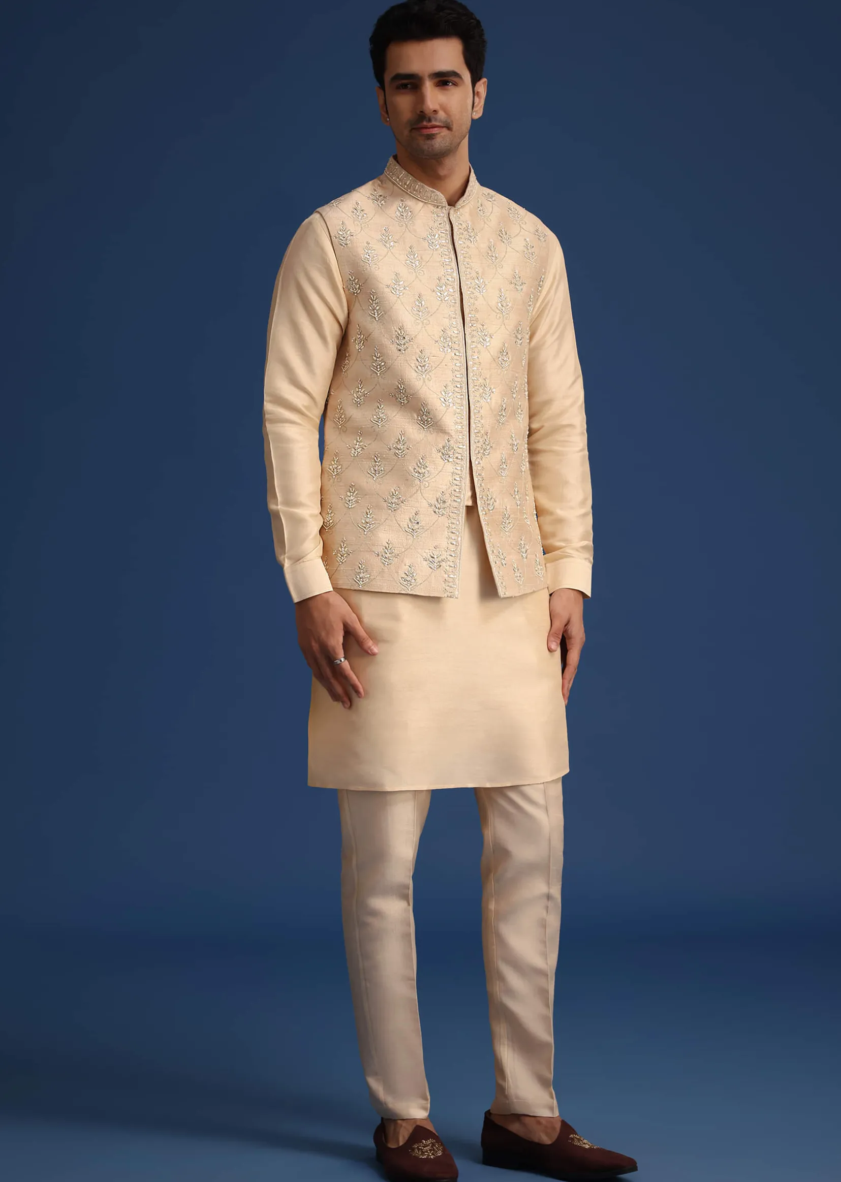 Beige Silk Zardozi Work Jacket And Kurta Set