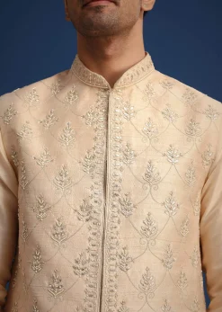 Beige Silk Zardozi Work Jacket And Kurta Set