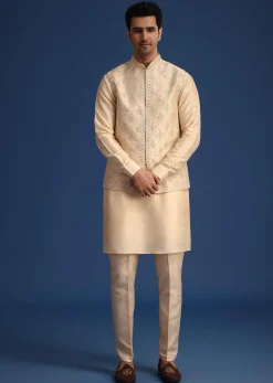 Beige Silk Zardozi Work Jacket And Kurta Set