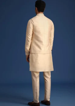 Beige Silk Zardozi Work Jacket And Kurta Set