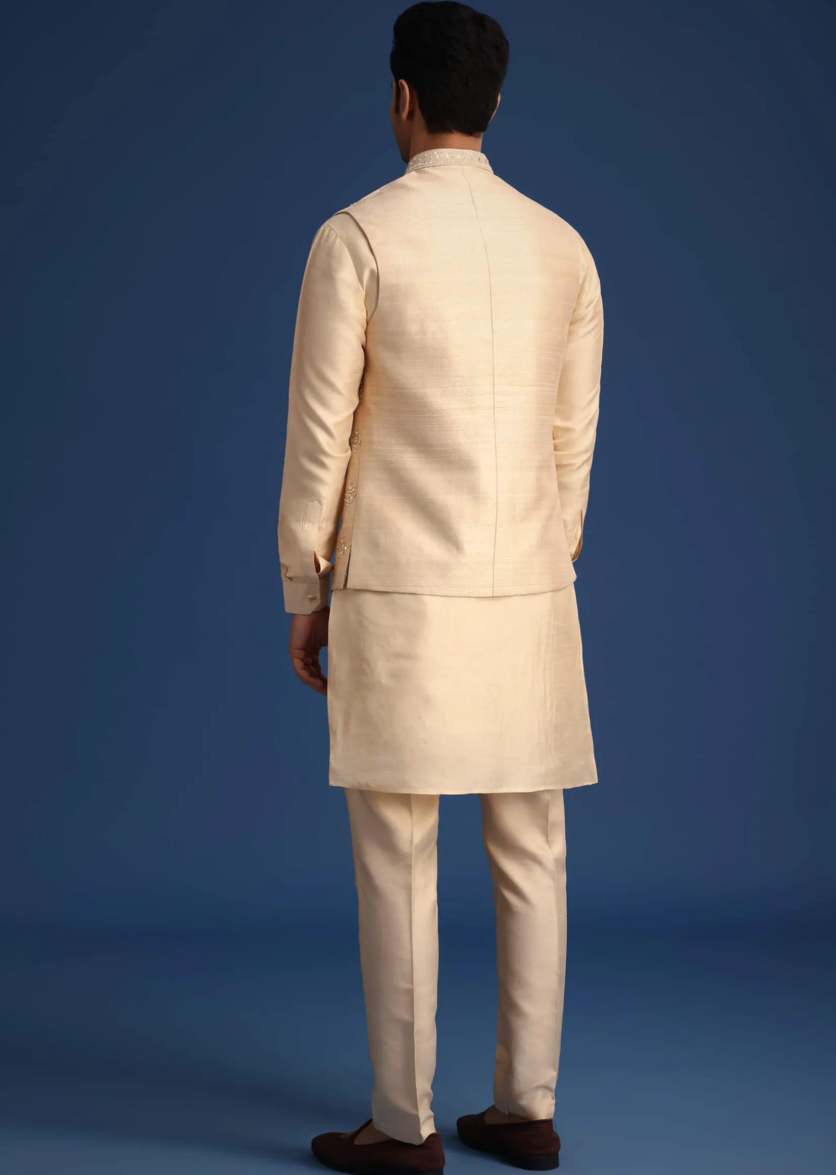 Beige Silk Zardozi Work Jacket And Kurta Set