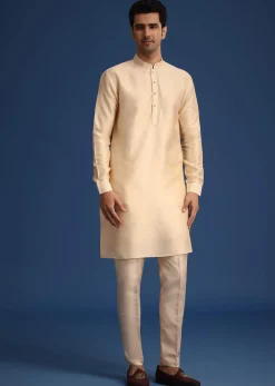 Beige Silk Zardozi Work Jacket And Kurta Set