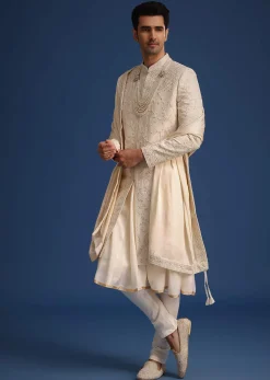 Beige Silk Zardozi Work Sherwani Set With Dupatta