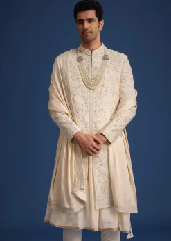 Beige Silk Zardozi Work Sherwani Set With Dupatta