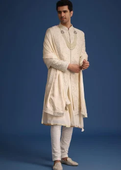 Beige Silk Zardozi Work Sherwani Set With Dupatta