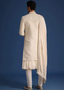Beige Silk Zardozi Work Sherwani Set With Dupatta