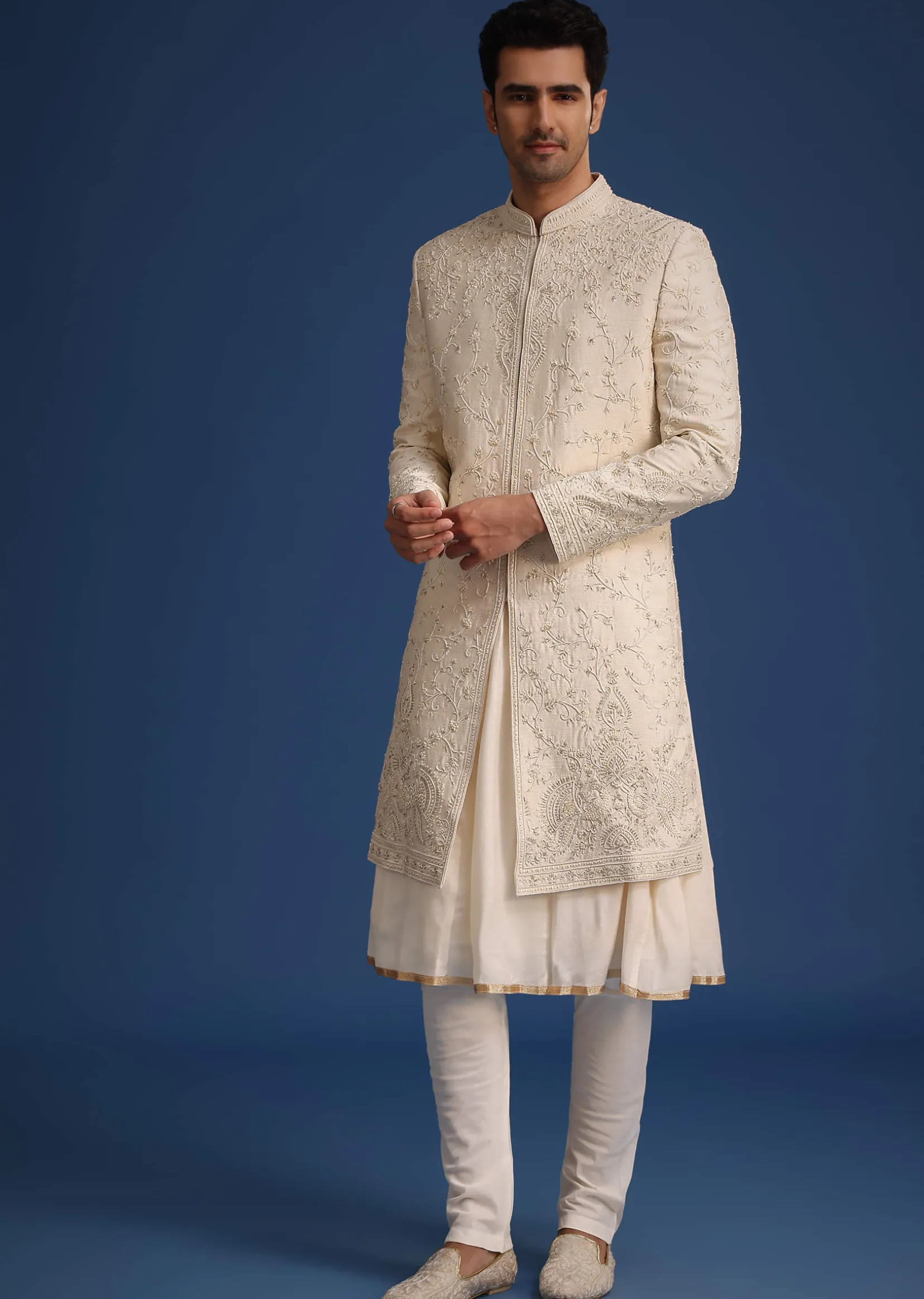 Beige Silk Zardozi Work Sherwani Set With Dupatta