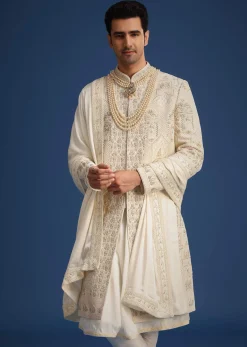 Beige Silk Zardozi Work Sherwani Set With Mala