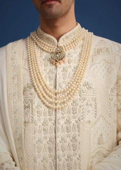 Beige Silk Zardozi Work Sherwani Set With Mala