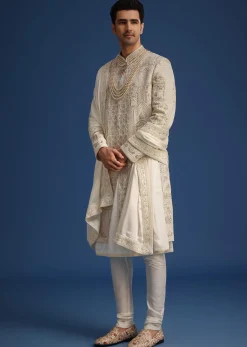 Beige Silk Zardozi Work Sherwani Set With Mala