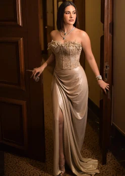 Beige Silver Draped Skirt With Embroidered Blouse