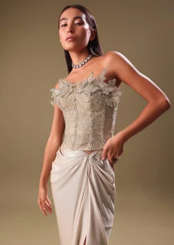 Beige Silver Draped Skirt With Embroidered Blouse