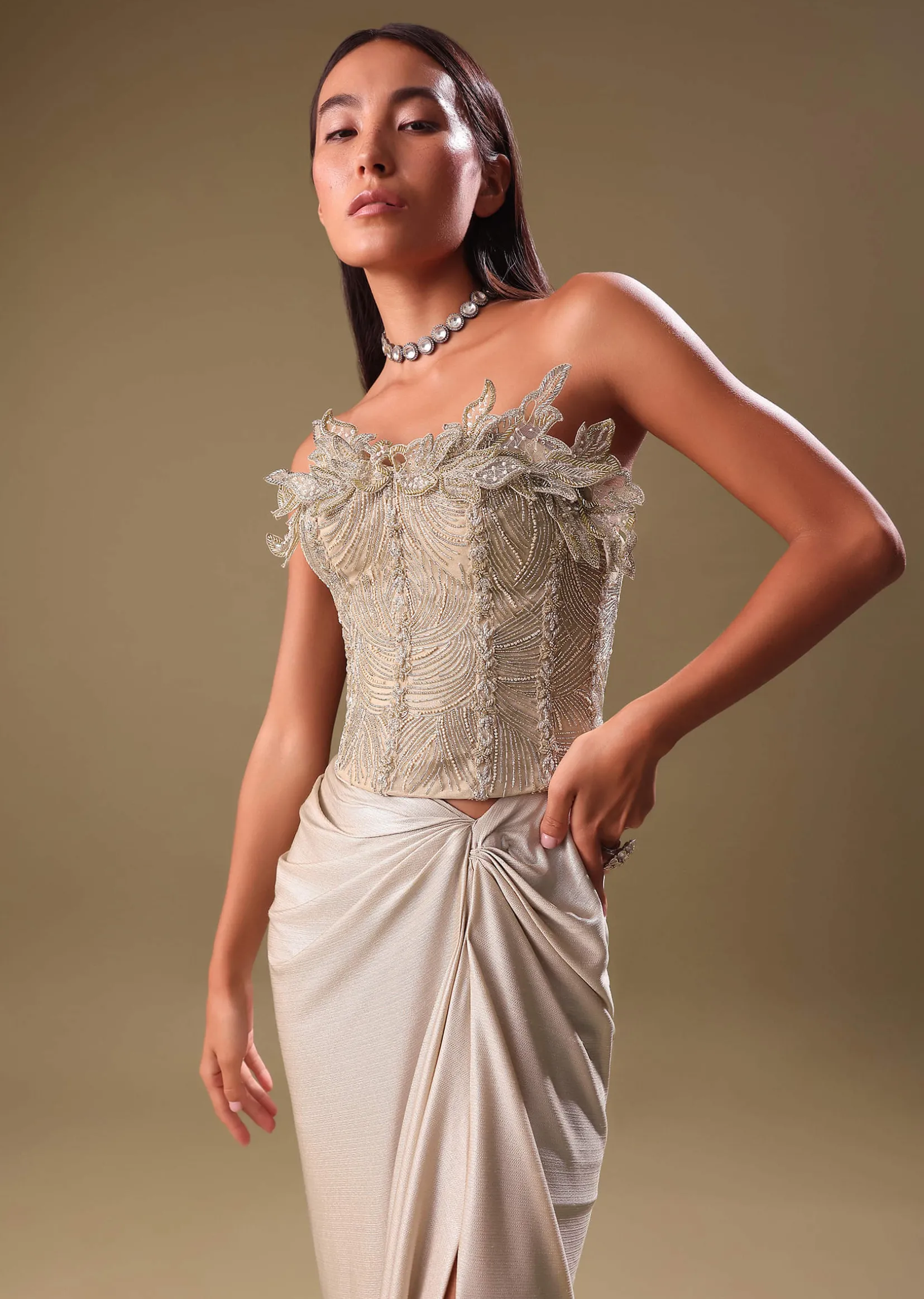 Beige Silver Draped Skirt With Embroidered Blouse