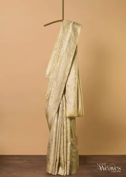 Beige South Dharmavaram Silk Saree With Woven Antique Motifs And Unstitched Blouse Fabric