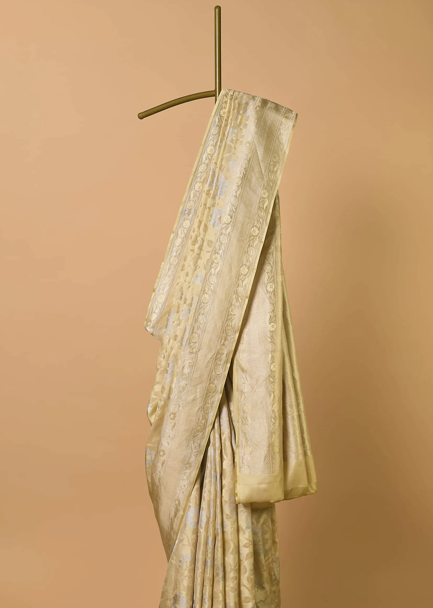 Beige South Dharmavaram Silk Saree With Woven Antique Motifs And Unstitched Blouse Fabric