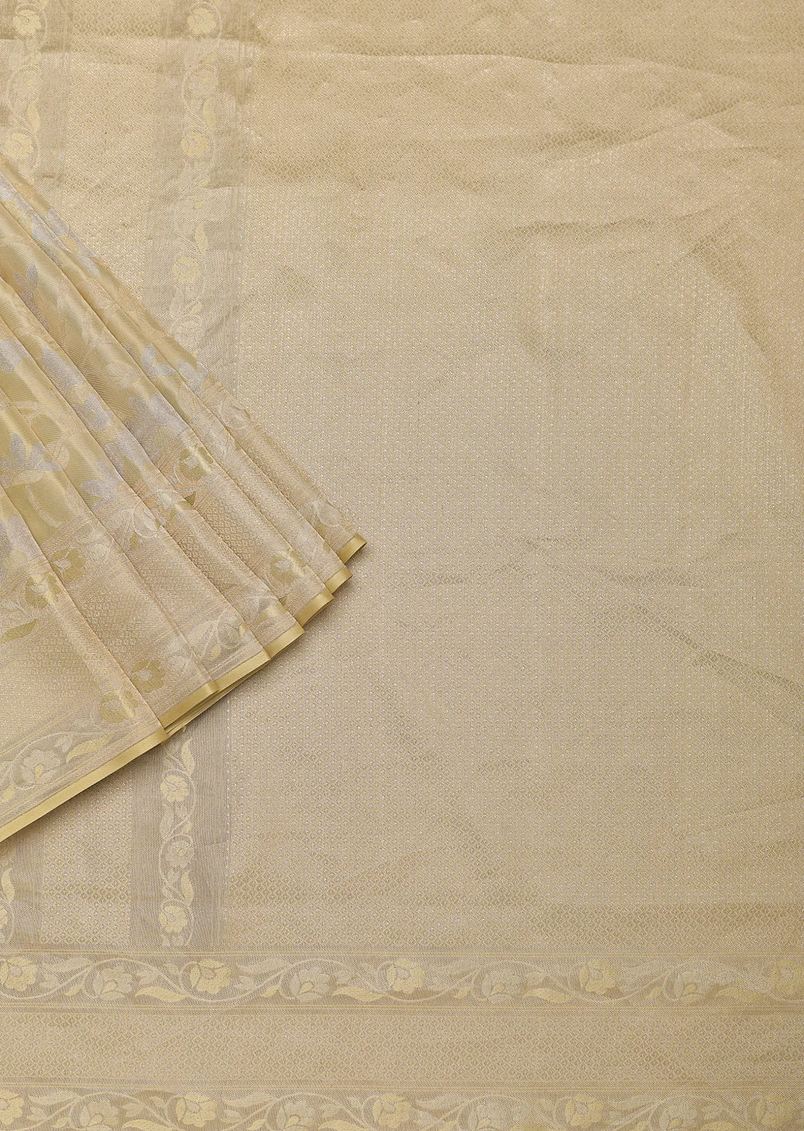 Beige South Dharmavaram Silk Saree With Woven Antique Motifs And Unstitched Blouse Fabric