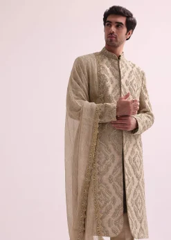 Beige Straight Cut Double Layered Sherwani And Kurta Set In Raw Silk